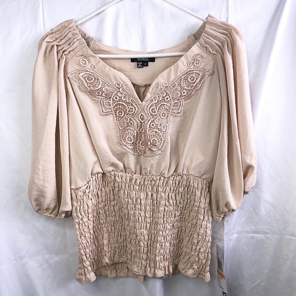 NWT XOXO Nude Boho Embroidered Crop Top Small